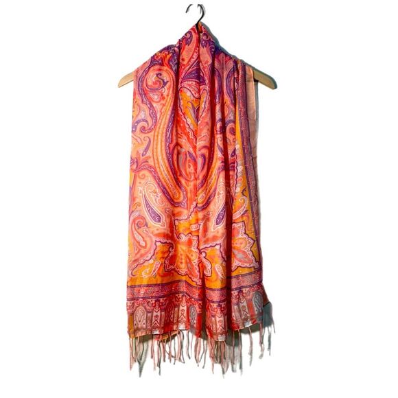 Vibrant Paisley Scarf in Pink and Orange Fringe. - Picture 1 of 8